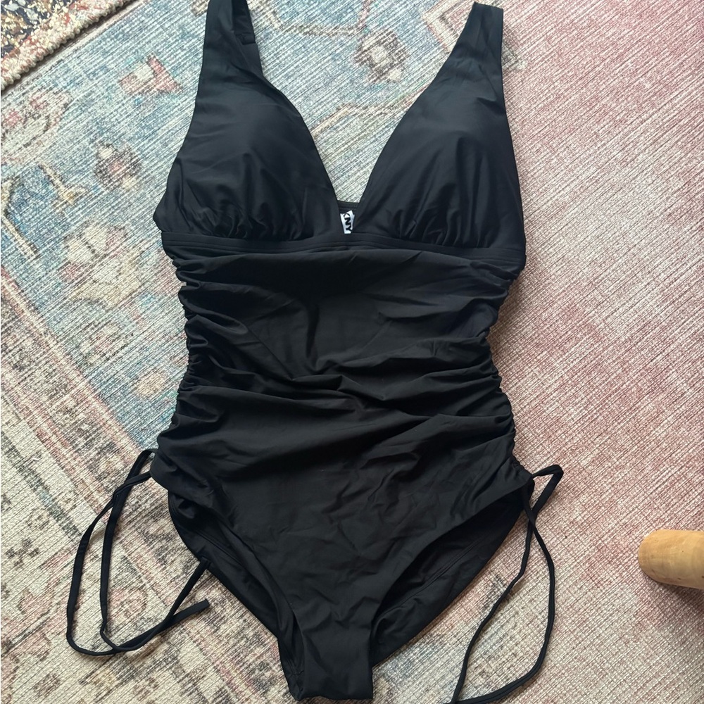 DKNY Black Ruched One-Piece Swimsuit with Side Ties